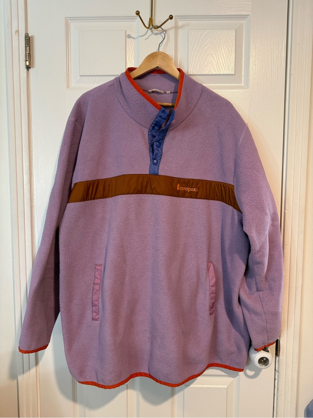 cotopaxi Lavender Fleece Crewneck with Brown Stripe and Orange Trim